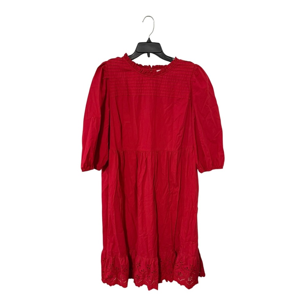 Crown & Ivy Red Eyelet Hem Puff Sleeve Pintuck Cotton Dress 20W